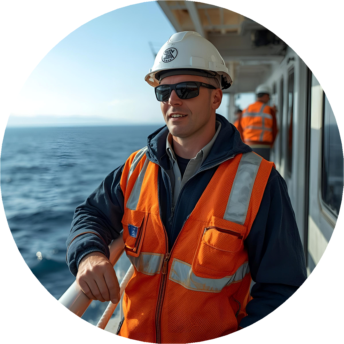 Seafarer wearing safety gear on vessel deck